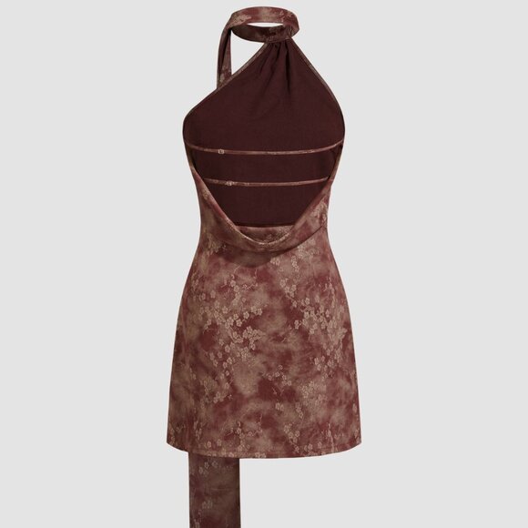 Free People Cherry Blossom Oriental Satin Floral Backless Mini Dress With Scarf - Picture 4 of 9